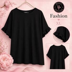 Fashion Women's XL Black Ruffle Sleeve Top Short Sleeve Casual Blouse